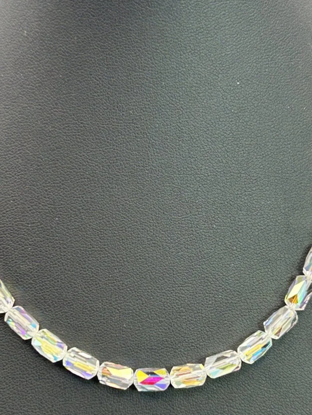 Vintage AB Crystal Rainbow Barrel Bead Necklace Aurora Borealis 16”